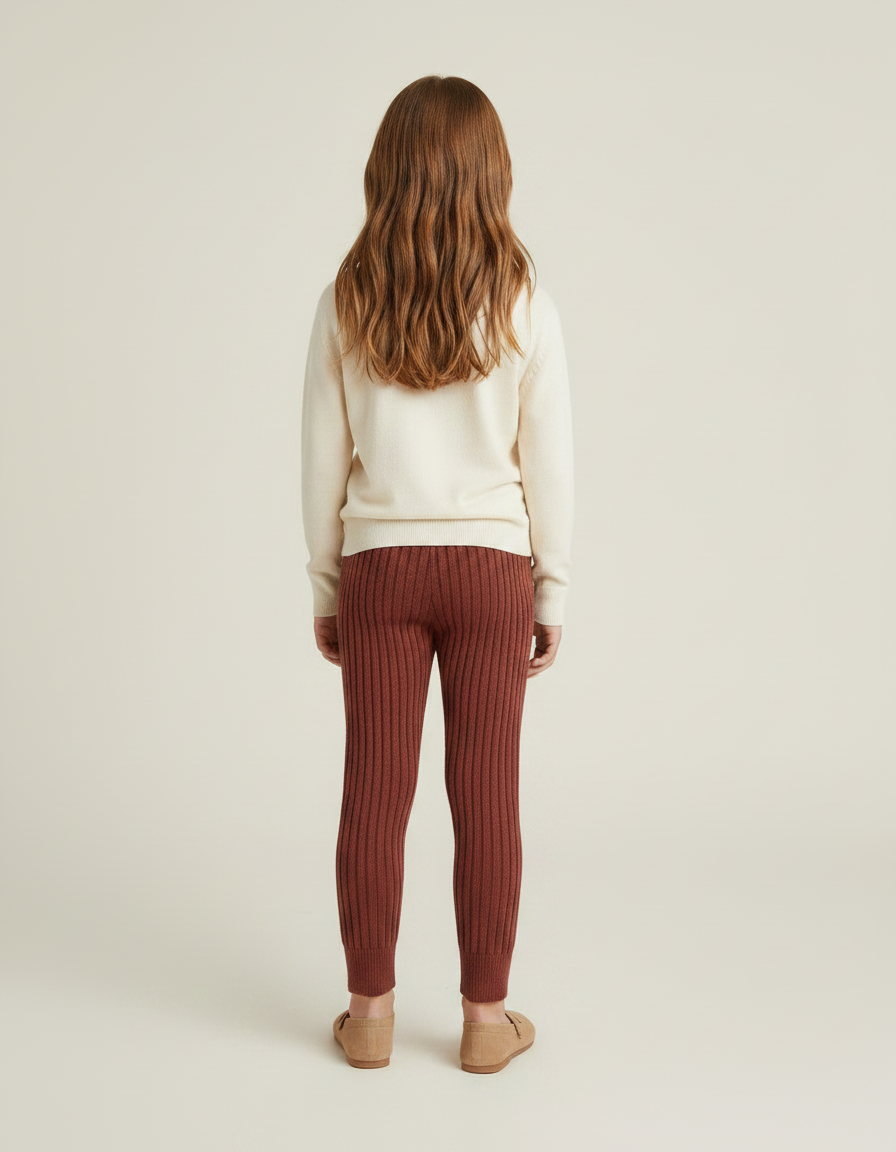 Pantalon Marron Côtelé Tricoté Confortable Élastique Enfant - Maille - vue 2