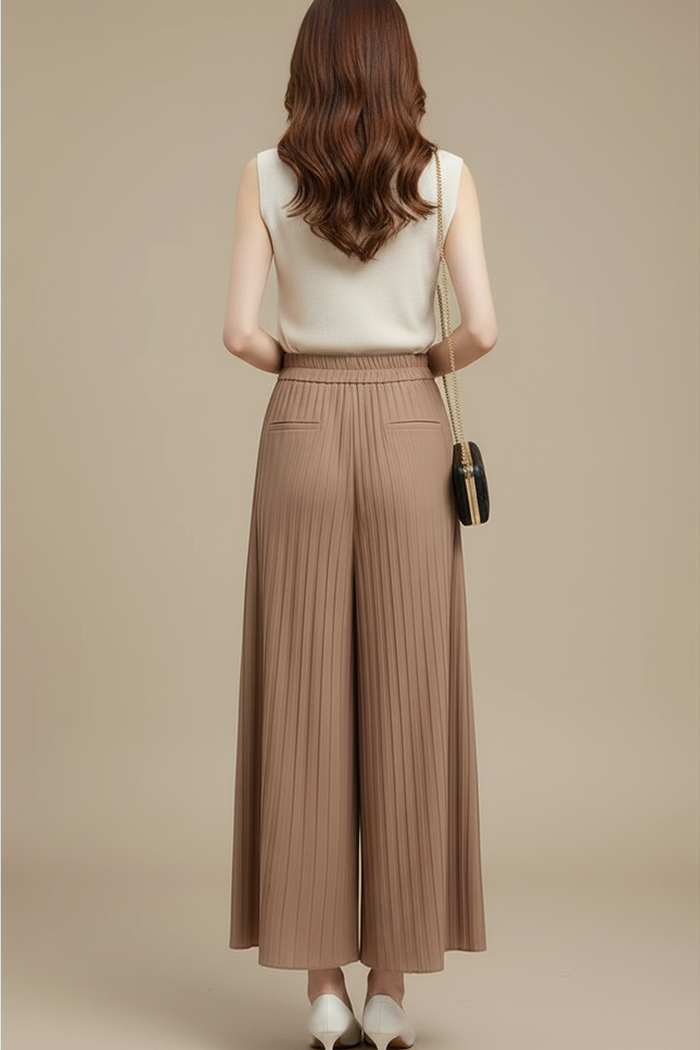 Pantalon Marron Plissé Ample Fluide Élégant - Polyester - vue 2