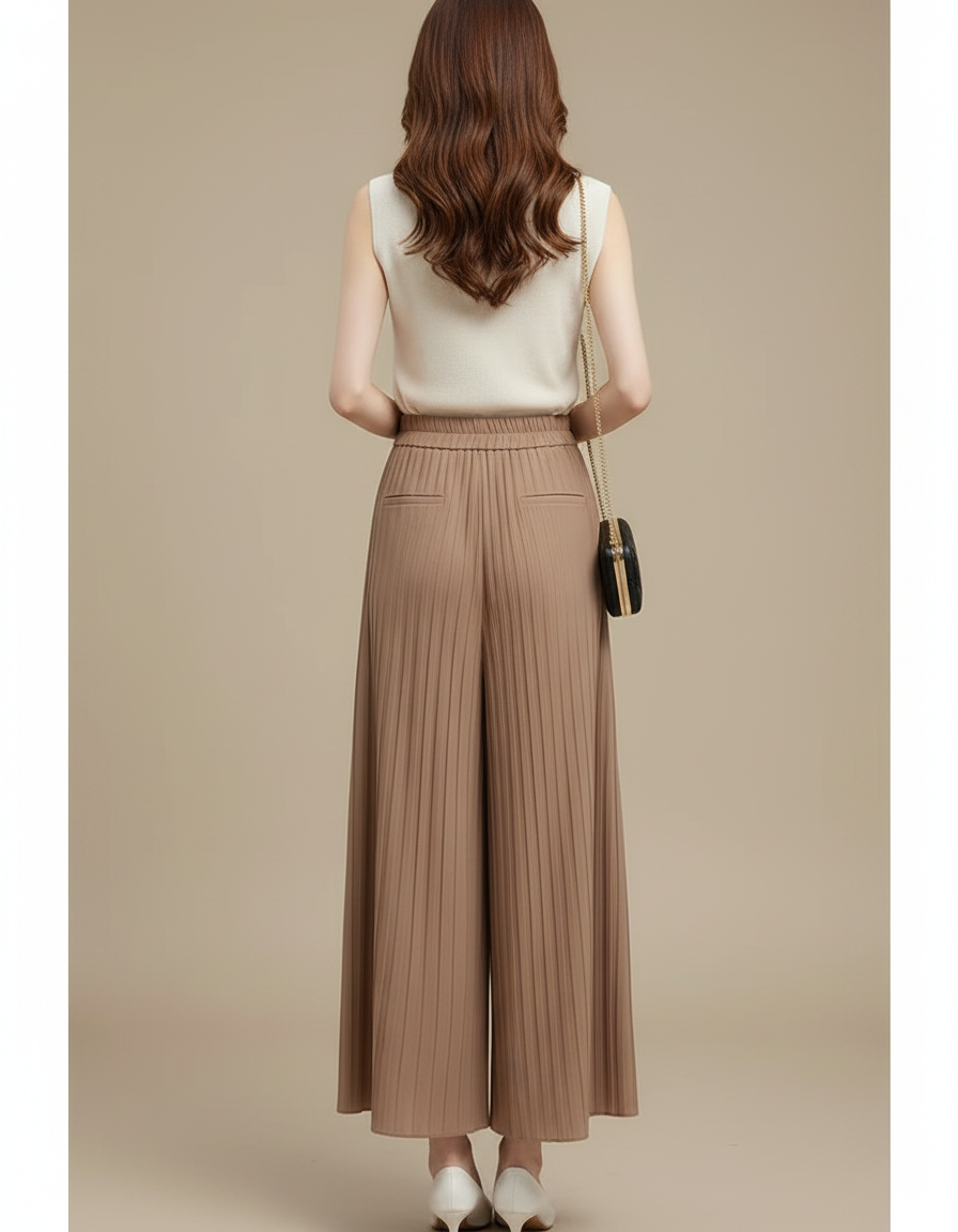 Pantalon Marron Plissé Ample Fluide Élégant - Polyester - vue 2