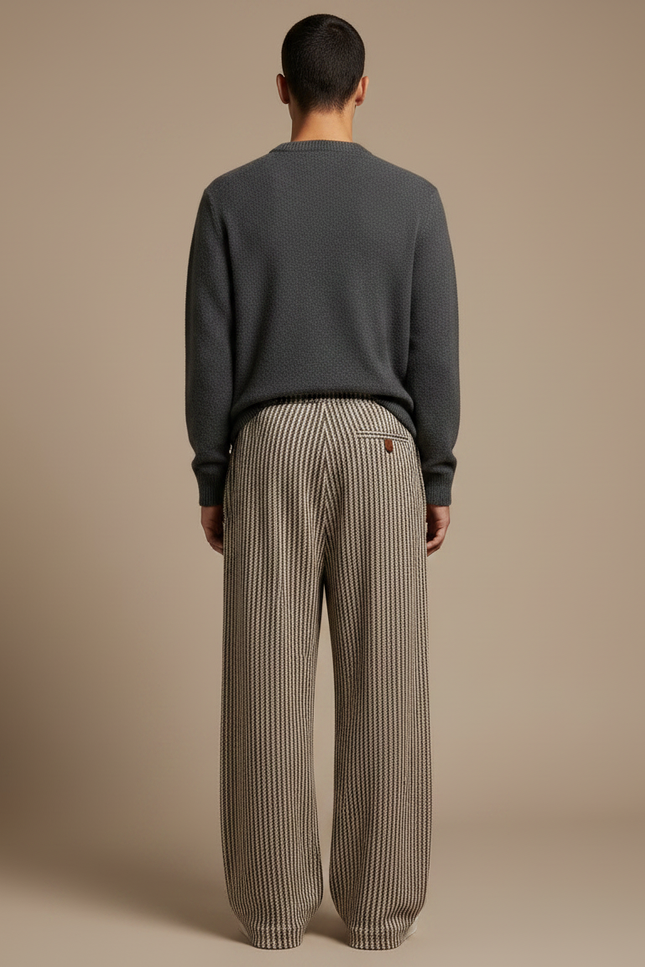 Pantalon Marron Rayé Ample Décontracté Cordon Homme - Tweed - vue 2