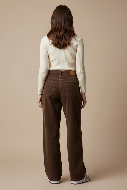 Pantalon Marron Côtelé Ample Droit Femme - Cordé - vue 2