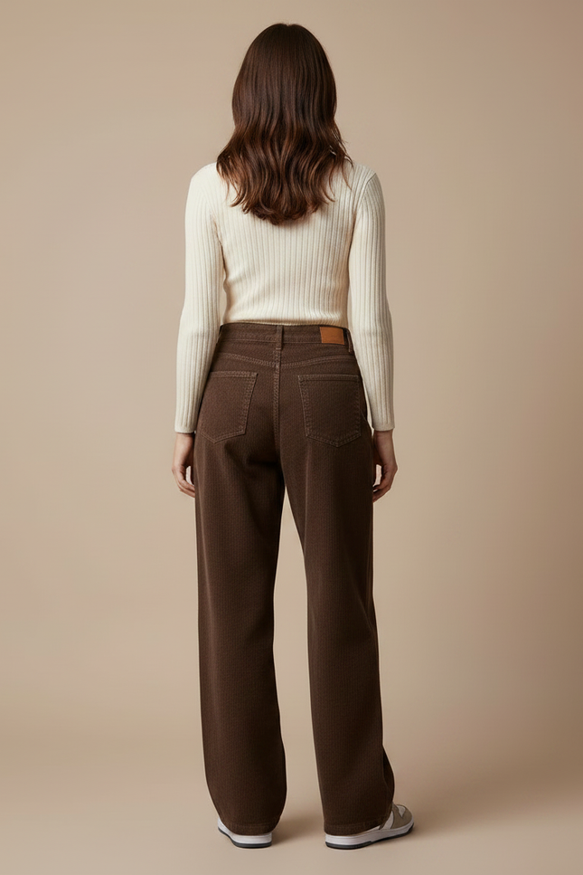 Pantalon Marron Côtelé Ample Droit Femme - Cordé - vue 2
