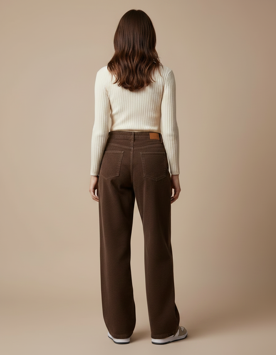 Pantalon Marron Côtelé Ample Droit Femme - Cordé - vue 2