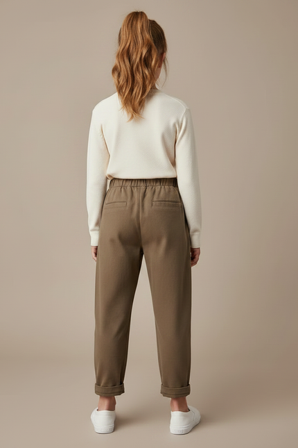 Pantalon Marron Ample Coton Élastique Enfant Décontracté - Kaki Molleton - vue 2
