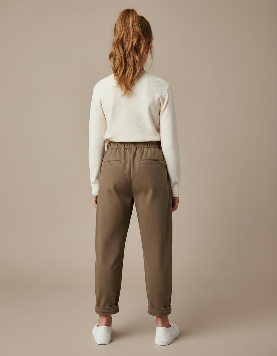 Pantalon Marron Ample Coton Élastique Enfant Décontracté - Kaki Molleton - vue 2
