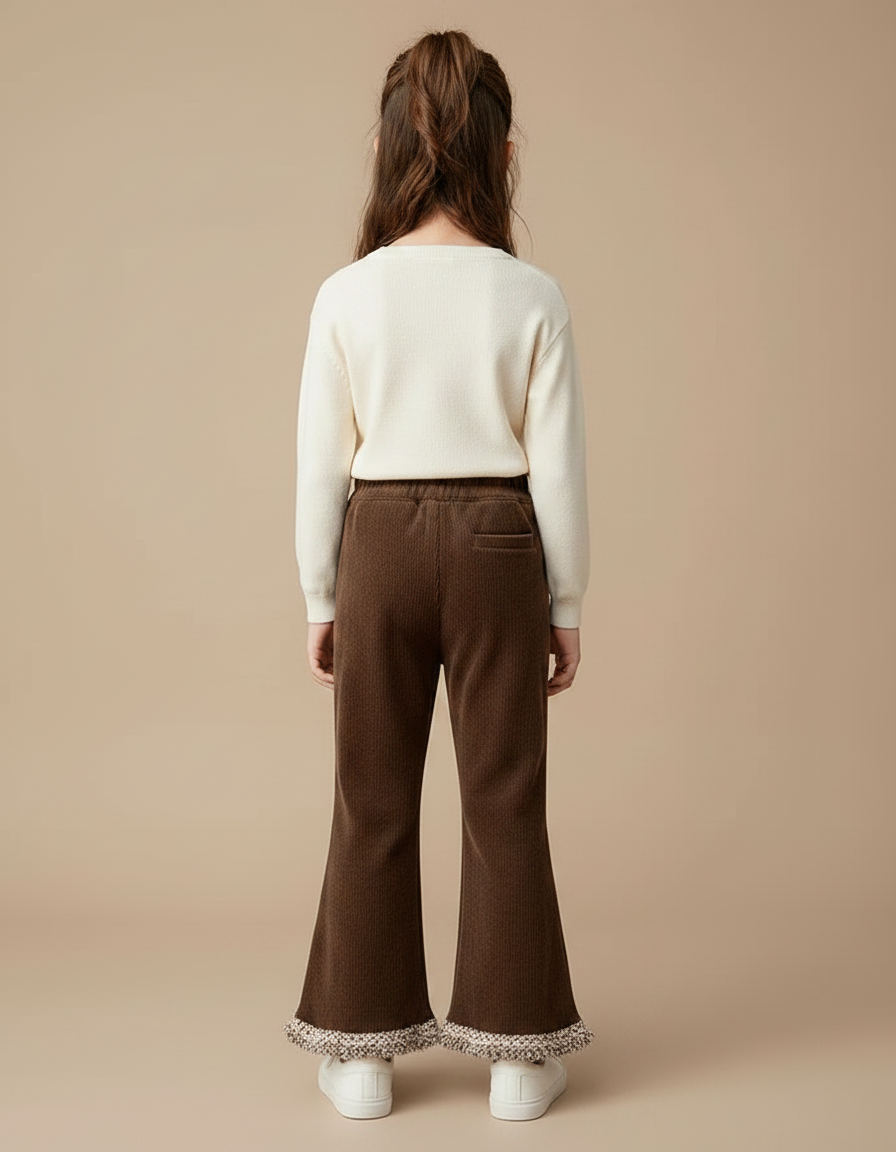 Pantalon Marron Côtelé Évasé Franges Enfant Confortable - Cordé - vue 2