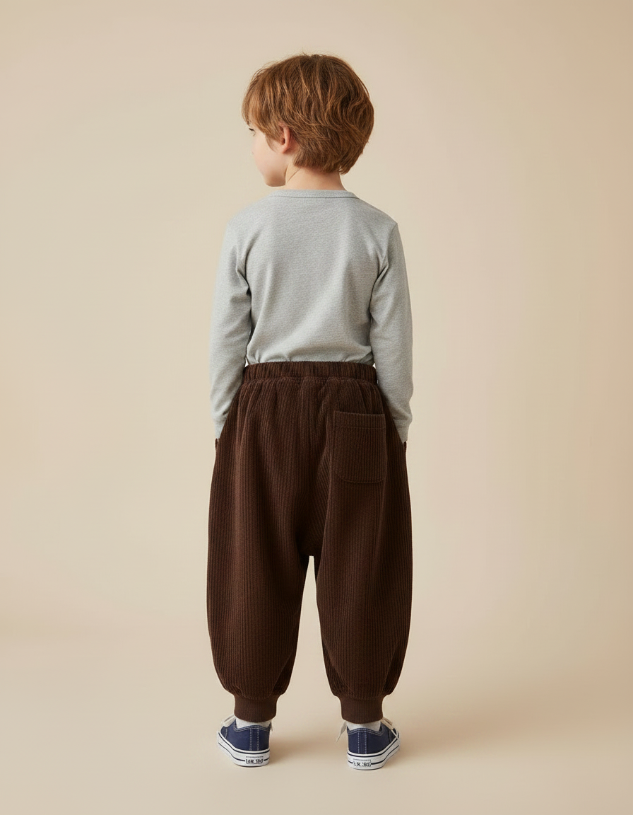Pantalon Marron Côtelé Ample Confortable Enfant Chaud - Cordé - vue 2