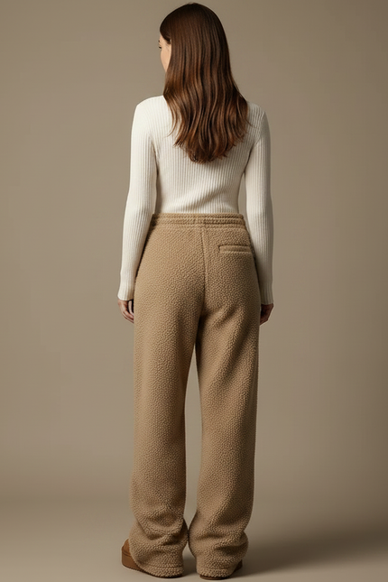 Pantalon Marron Polaire Ample Chien Brodé Confortable - Camel Molleton - vue 2