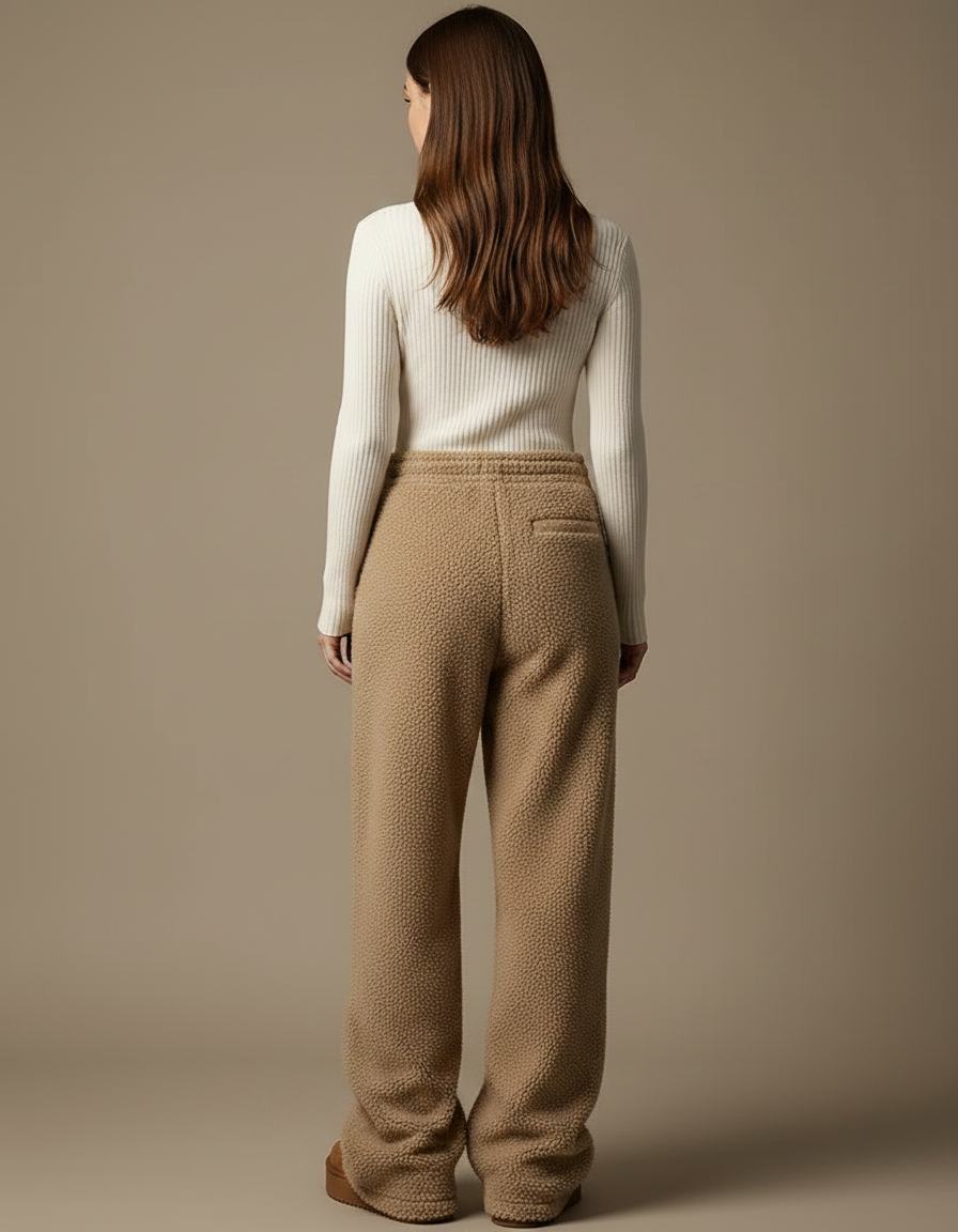 Pantalon Marron Polaire Ample Chien Brodé Confortable - Camel Molleton - vue 2