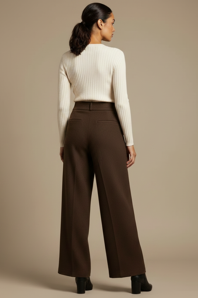 Pantalon Marron Ample Plissé Taille Haute Femme - Laine - vue 2