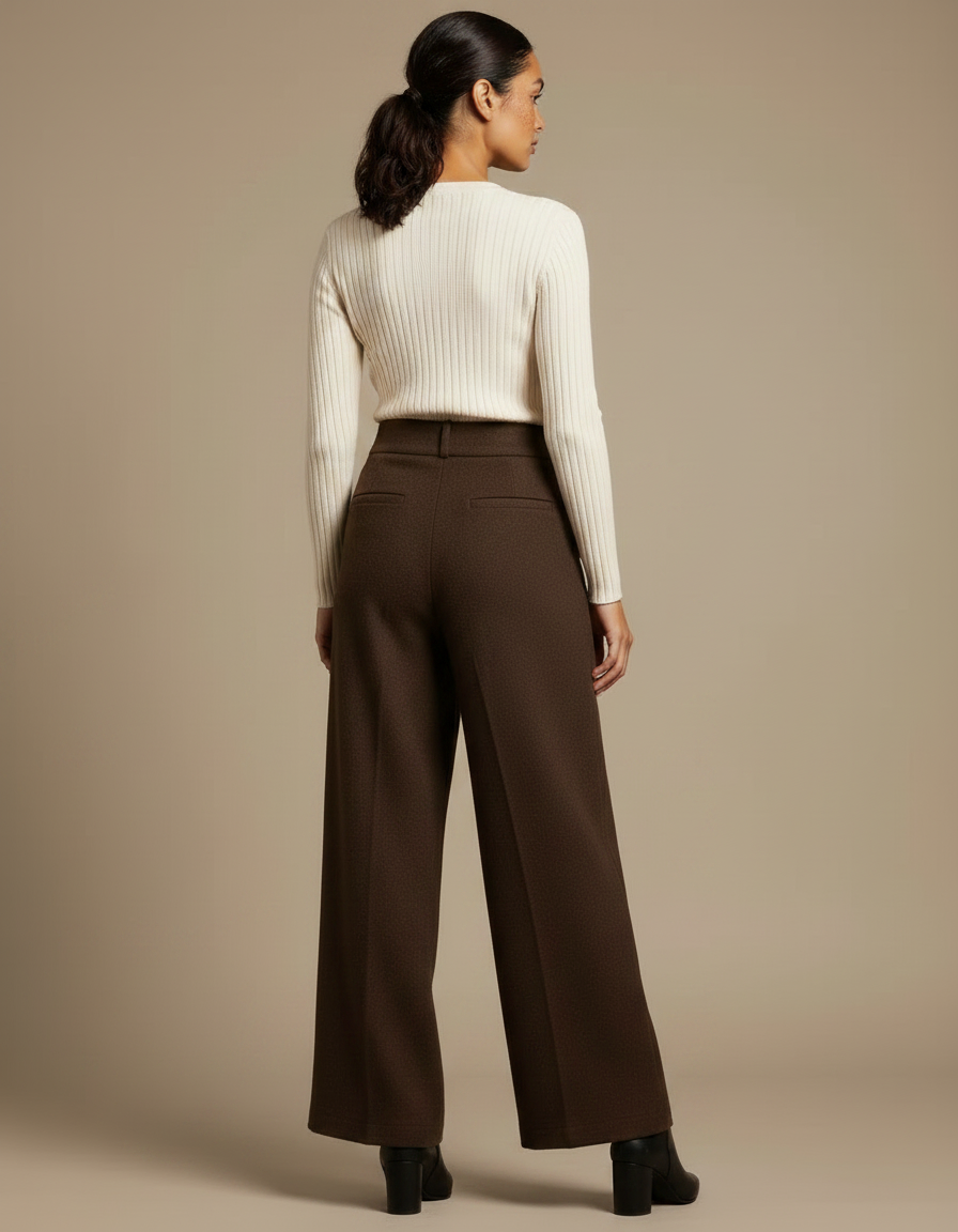 Pantalon Marron Ample Plissé Taille Haute Femme - Laine - vue 2