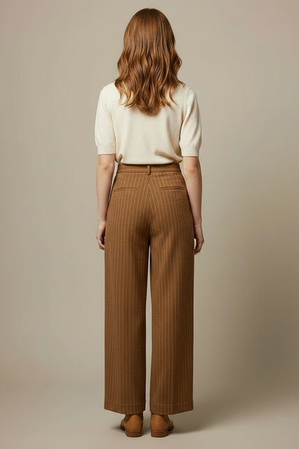 Pantalon Marron Large Rayé Plissé Élégant Femme - Laine - vue 2