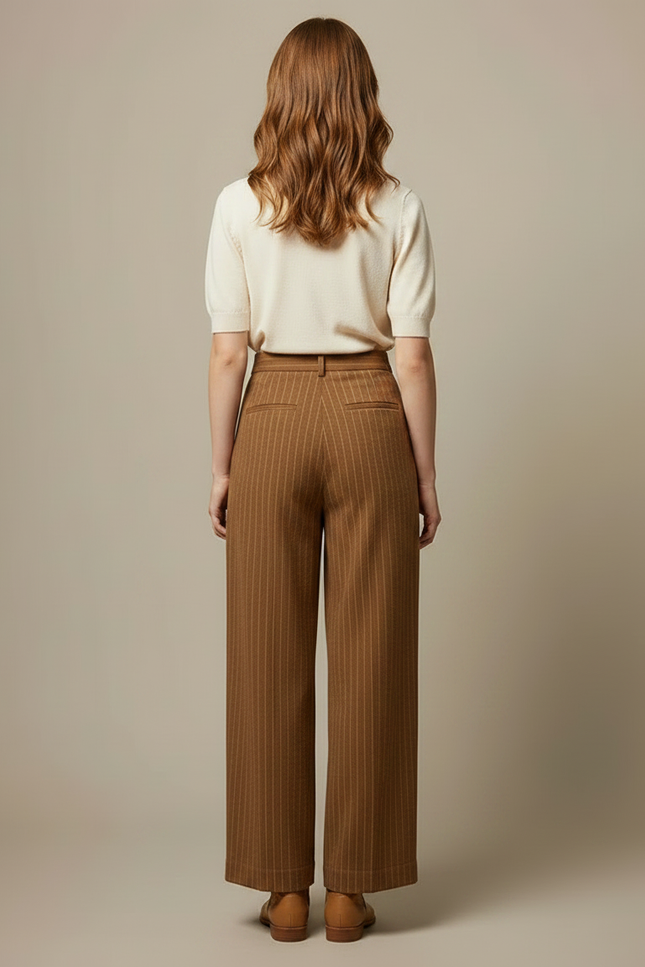 Pantalon Marron Large Rayé Plissé Élégant Femme - Laine - vue 2