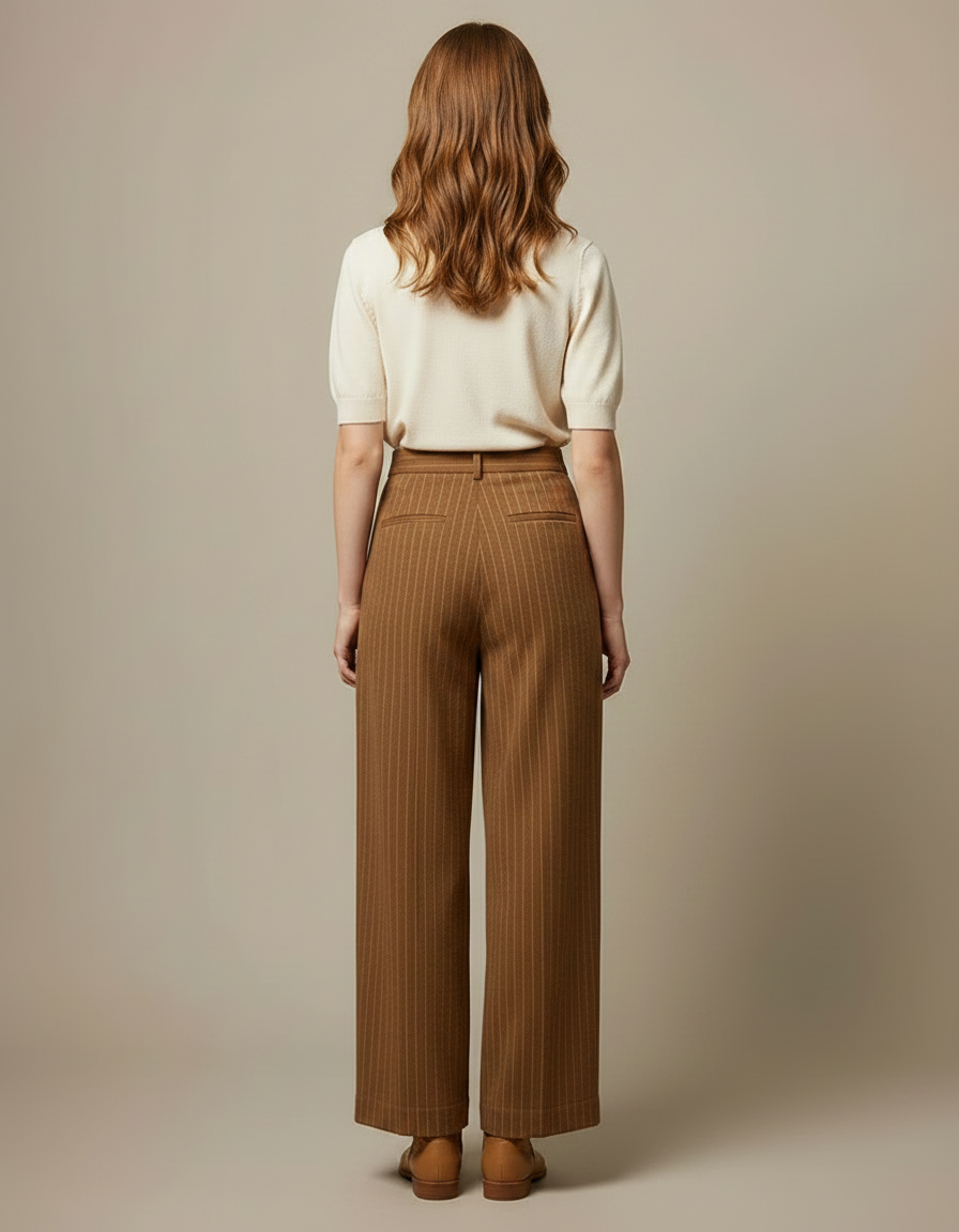Pantalon Marron Large Rayé Plissé Élégant Femme - Laine - vue 2