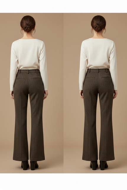 Pantalon Marron Laine Chevron Ample Évasé Taille Haute - Tweed - vue 2