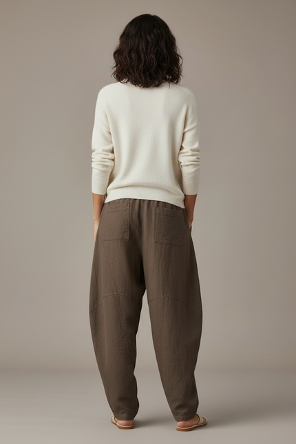 Pantalon Marron Lin Ample Décontracté Confortable Femme - vue 2