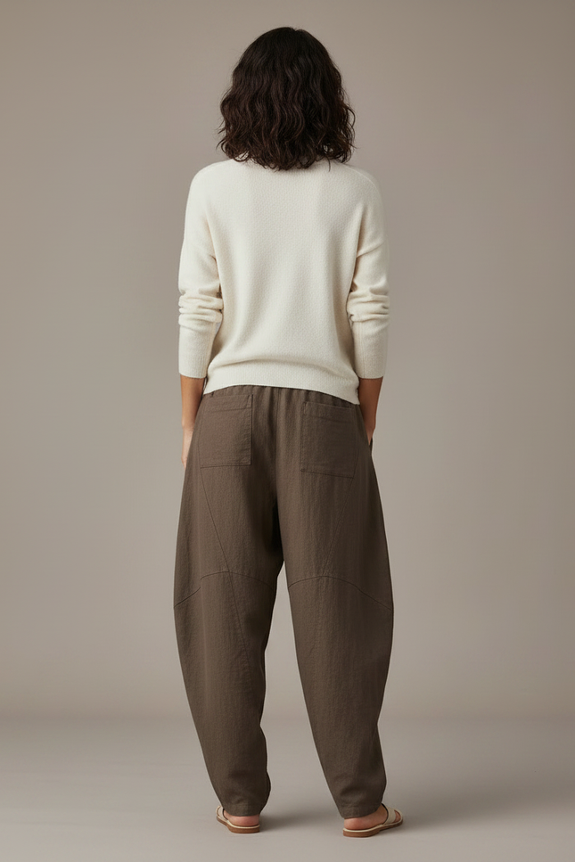 Pantalon Marron Lin Ample Décontracté Confortable Femme - vue 2