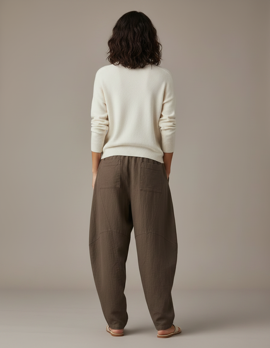 Pantalon Marron Lin Ample Décontracté Confortable Femme - vue 2