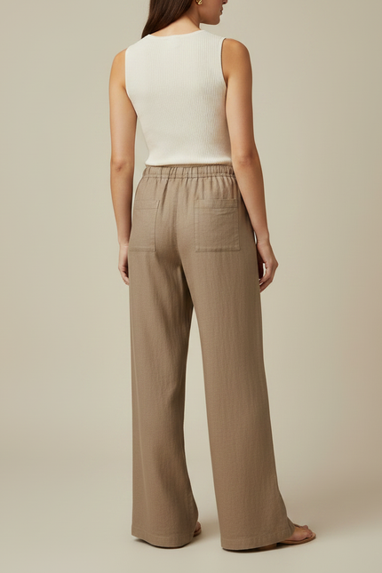 Pantalon Marron Ample Lin Coton Décontracté Femme - vue 2