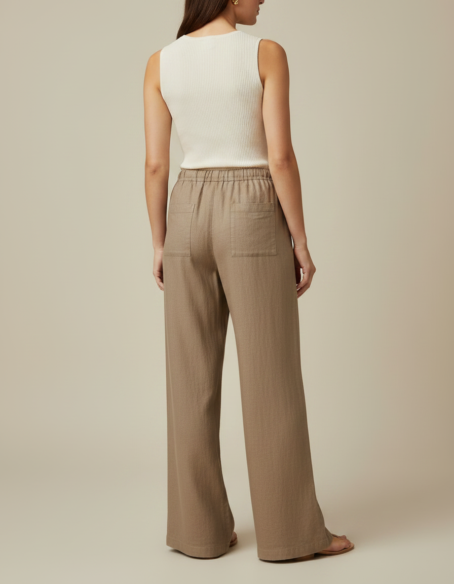 Pantalon Marron Ample Lin Coton Décontracté Femme - vue 2