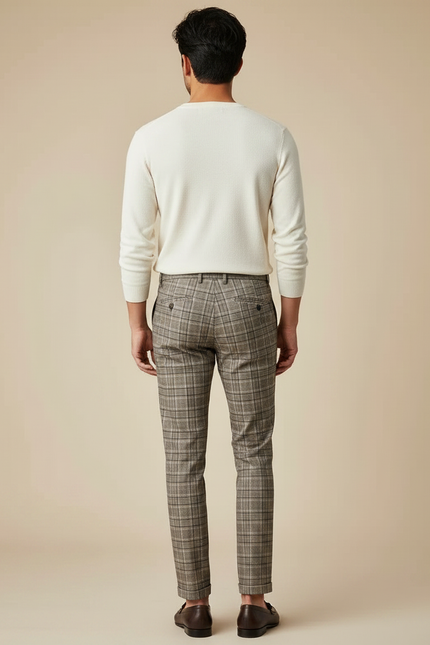 Pantalon Marron À Carreaux Slim Tapered Élégant Homme - Tweed - vue 2
