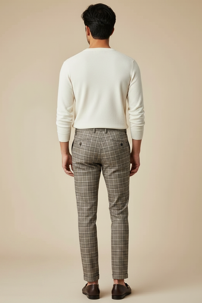 Pantalon Marron À Carreaux Slim Tapered Élégant Homme - Tweed - vue 2