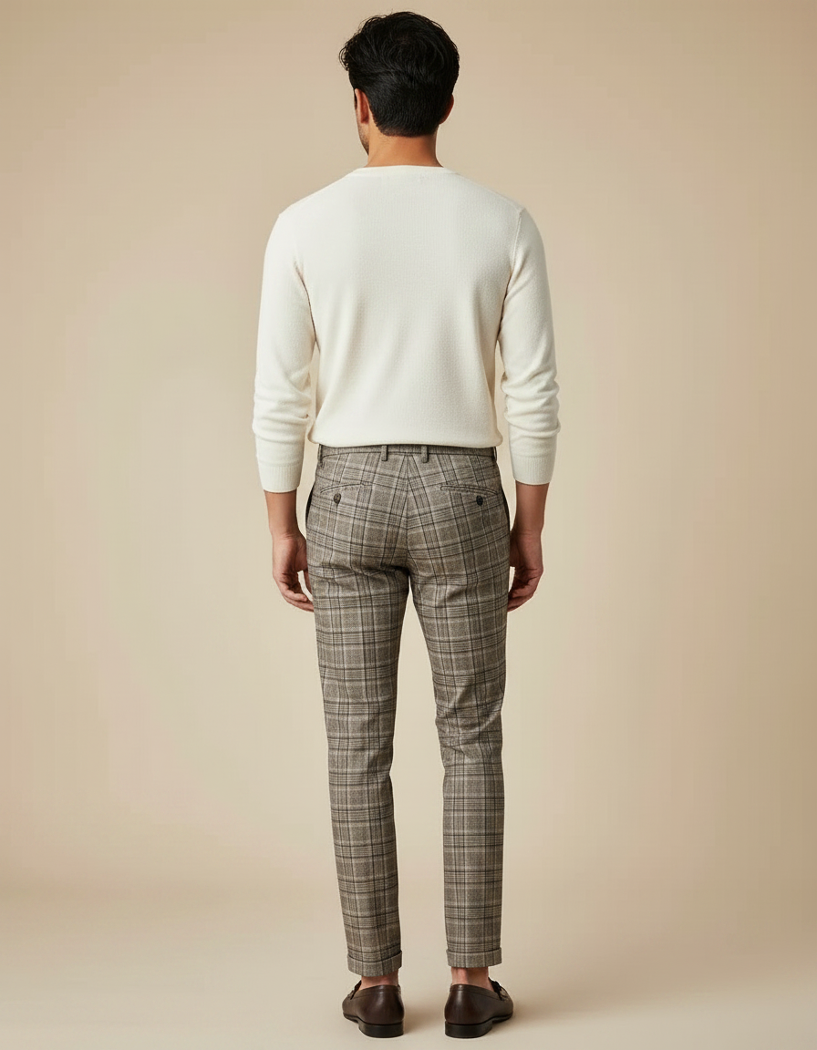 Pantalon Marron À Carreaux Slim Tapered Élégant Homme - Tweed - vue 2