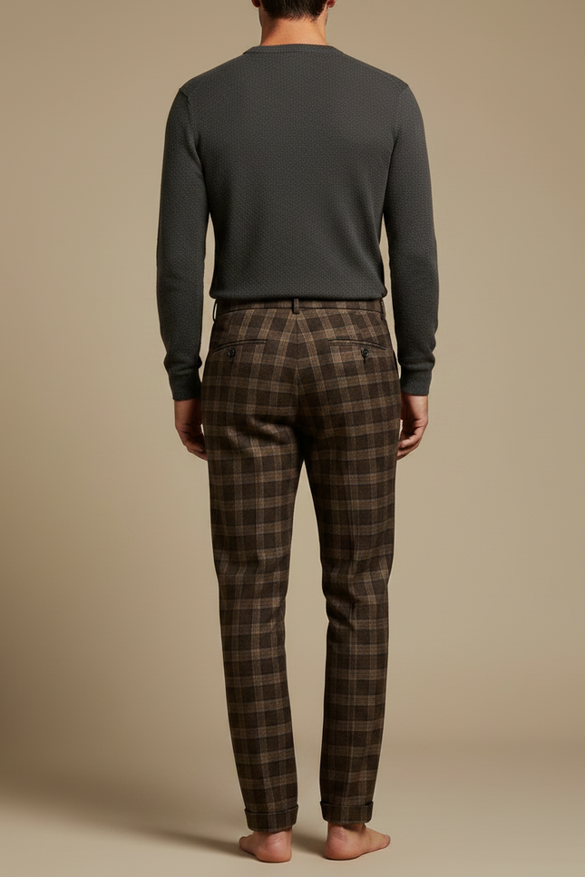 Pantalon Marron Carreaux Laine Droit Décontracté Homme - vue 2