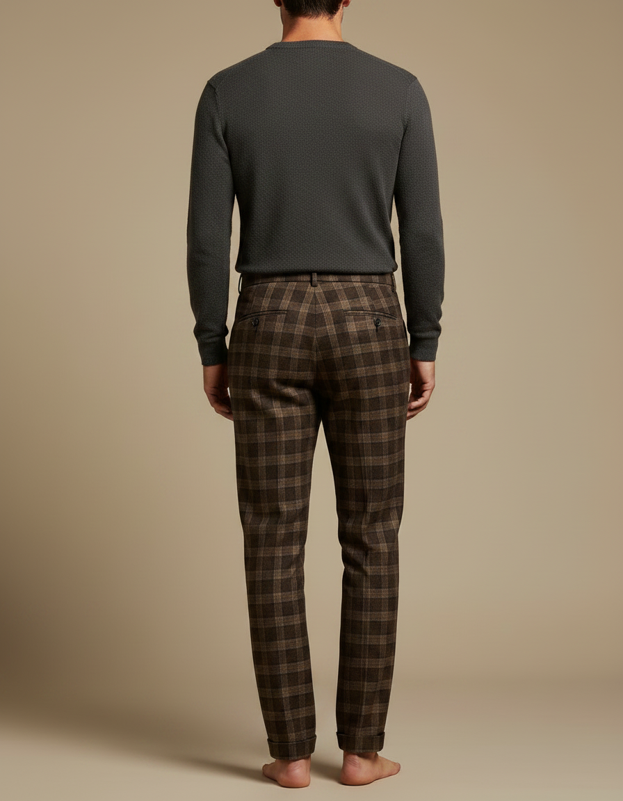 Pantalon Marron Carreaux Laine Droit Décontracté Homme - vue 2