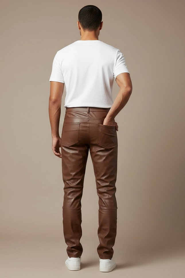 Pantalon Marron Cuir Slim Ajusté Homme - Simili cuir - vue 2