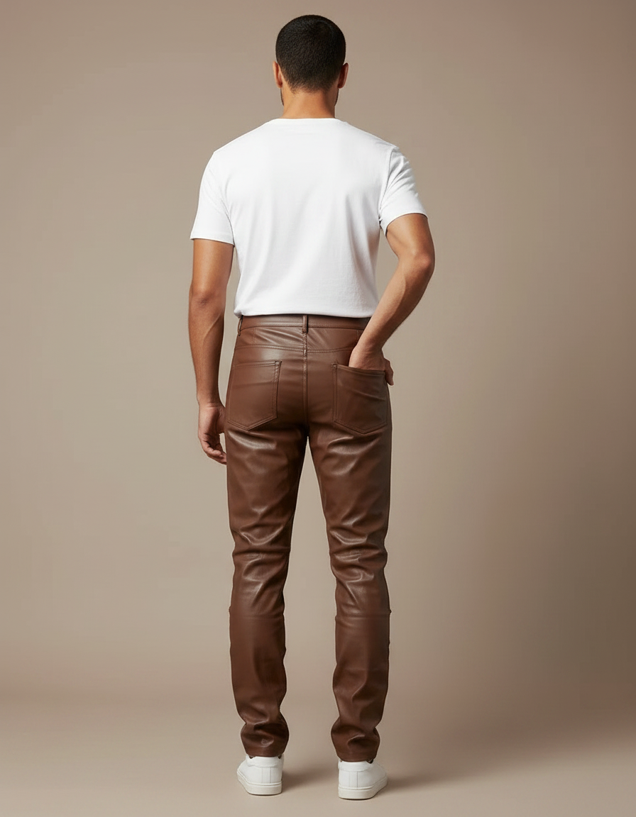 Pantalon Marron Cuir Slim Ajusté Homme - Simili cuir - vue 2