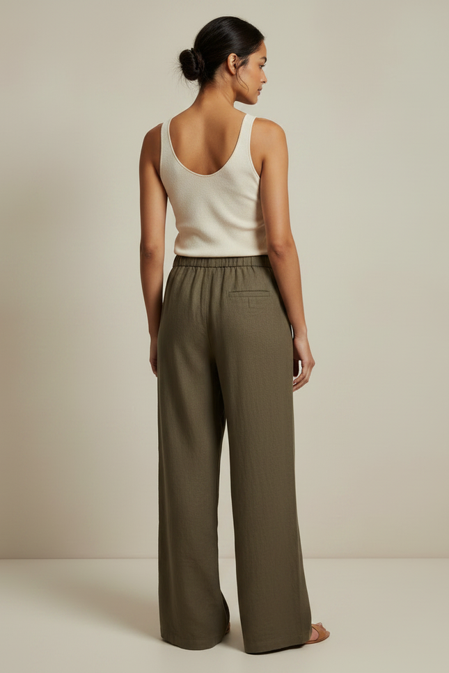 Pantalon Marron Lin Ample Cordon Femme - Kaki - vue 2