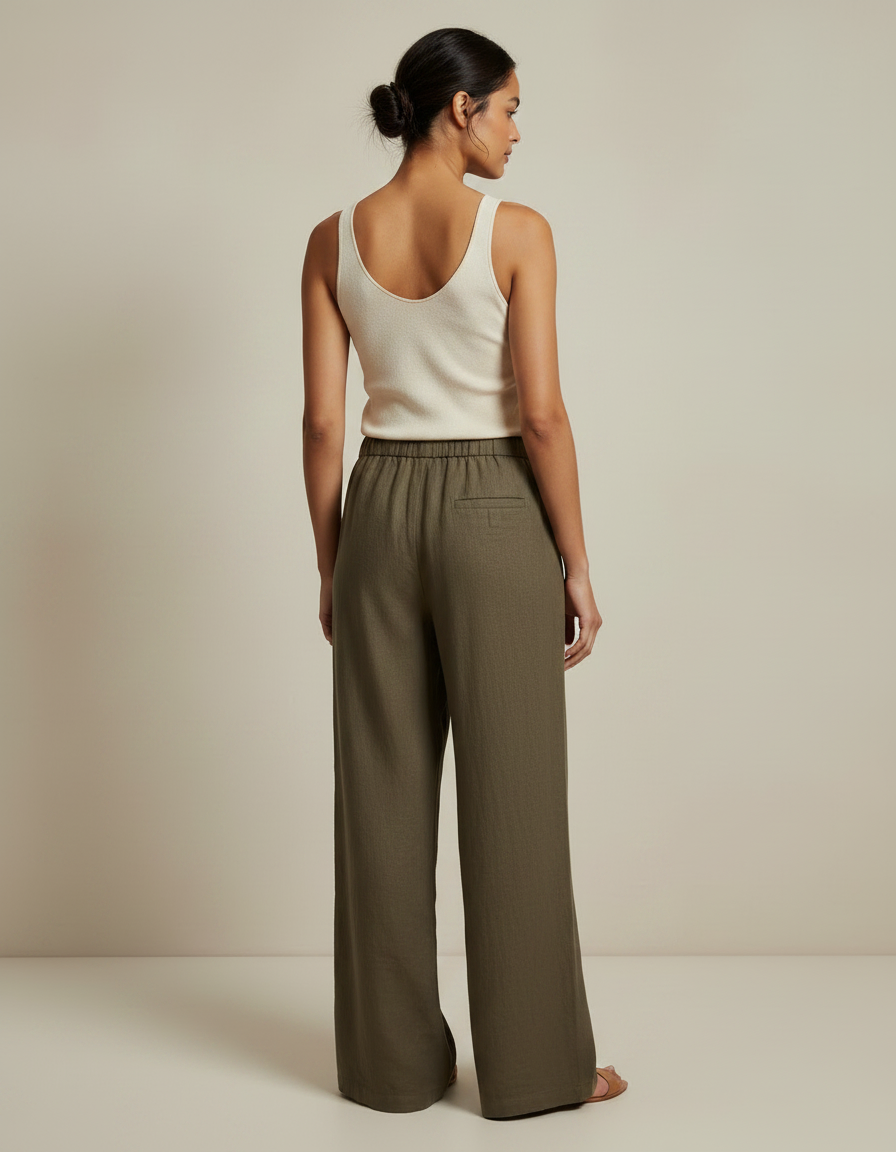 Pantalon Marron Lin Ample Cordon Femme - Kaki - vue 2
