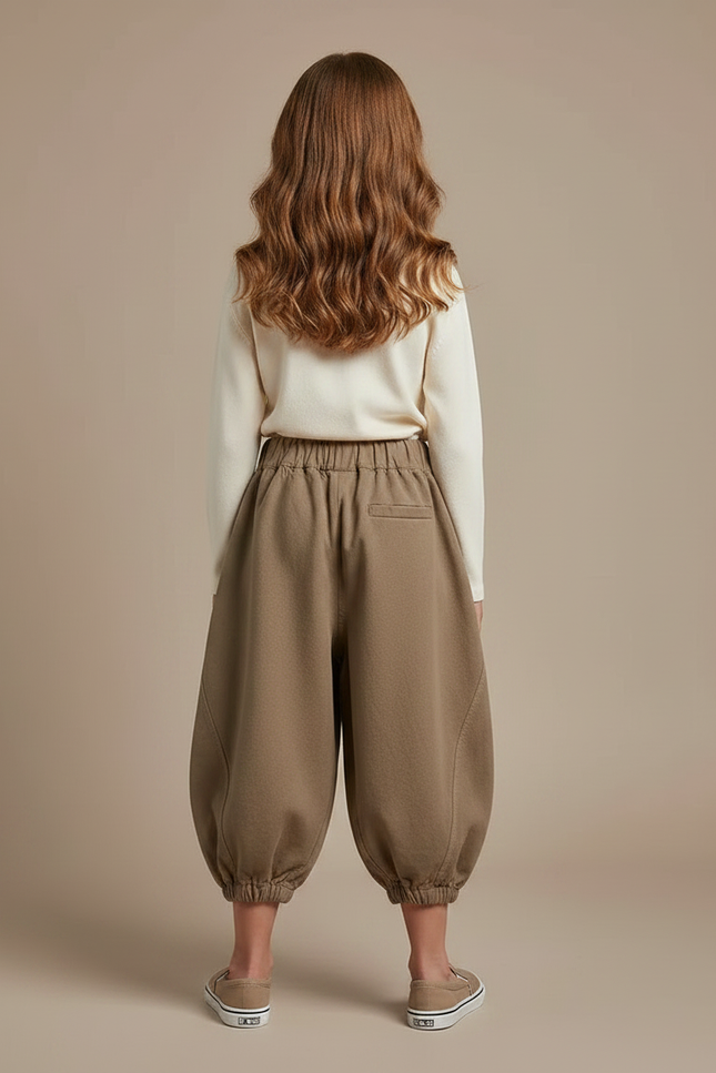 Pantalon Marron Harem Coton Ample Enfant - Kaki Molleton - vue 2
