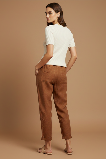 Pantalon Marron Lin Cordon Ample Décontracté Femme - vue 2