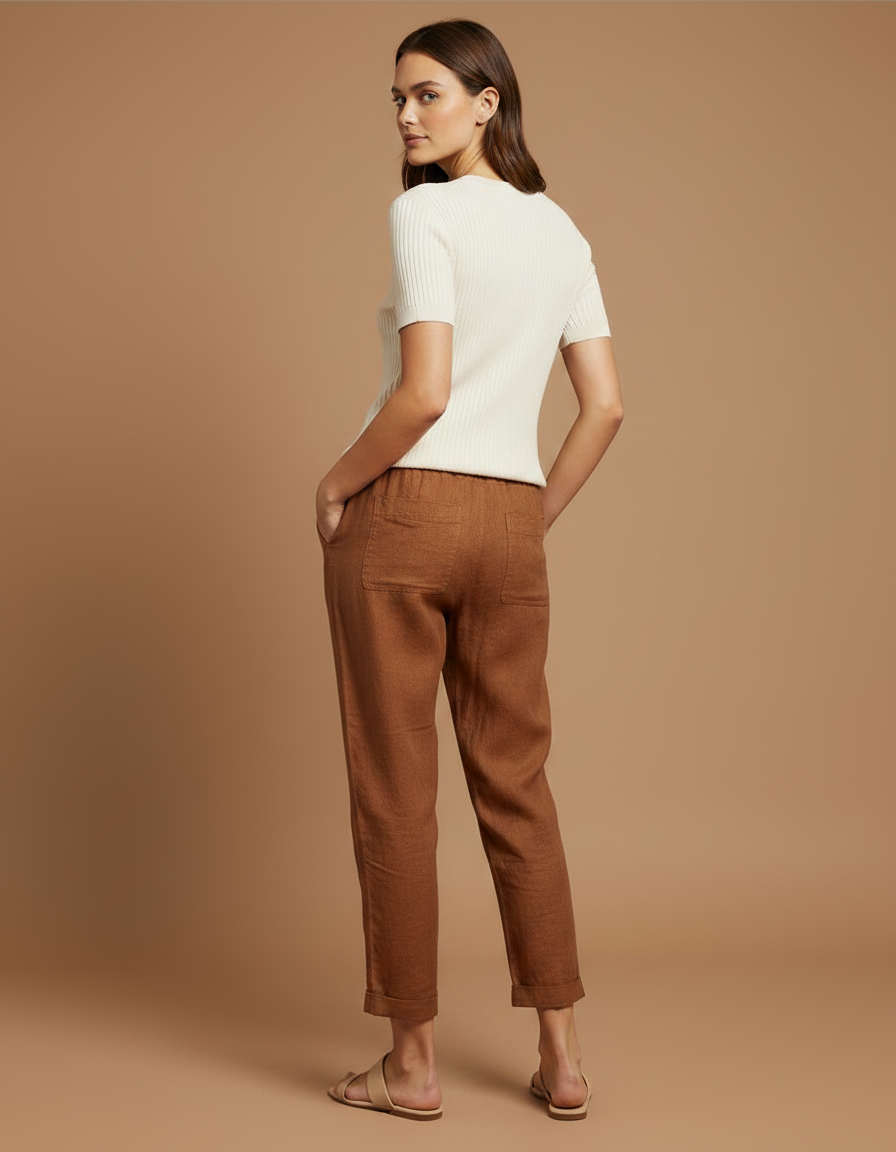 Pantalon Marron Lin Cordon Ample Décontracté Femme - vue 2
