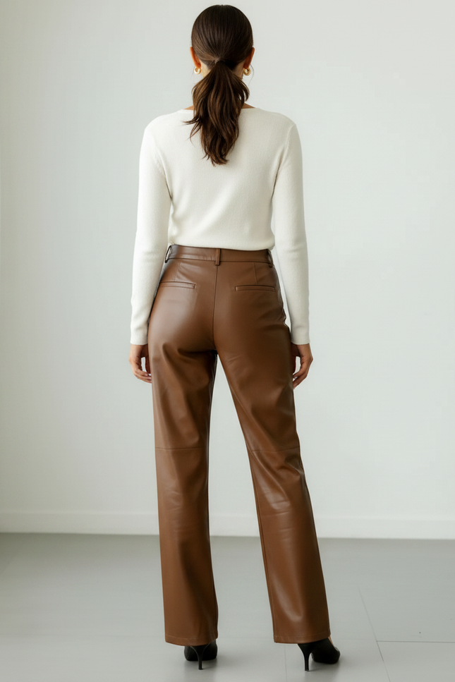 Pantalon Marron Similicuir Ample Taille Haute Droit - Simili cuir - vue 2