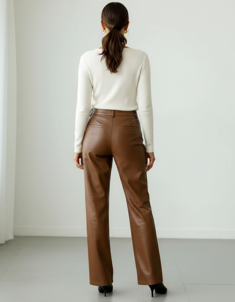 Pantalon Marron Similicuir Ample Taille Haute Droit - Simili cuir - vue 2