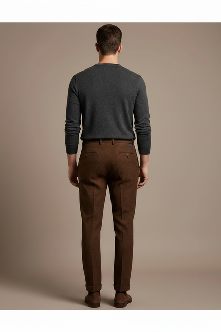 Pantalon Marron Laine Plissé Droit Formel Élégant Homme - Tweed - vue 2