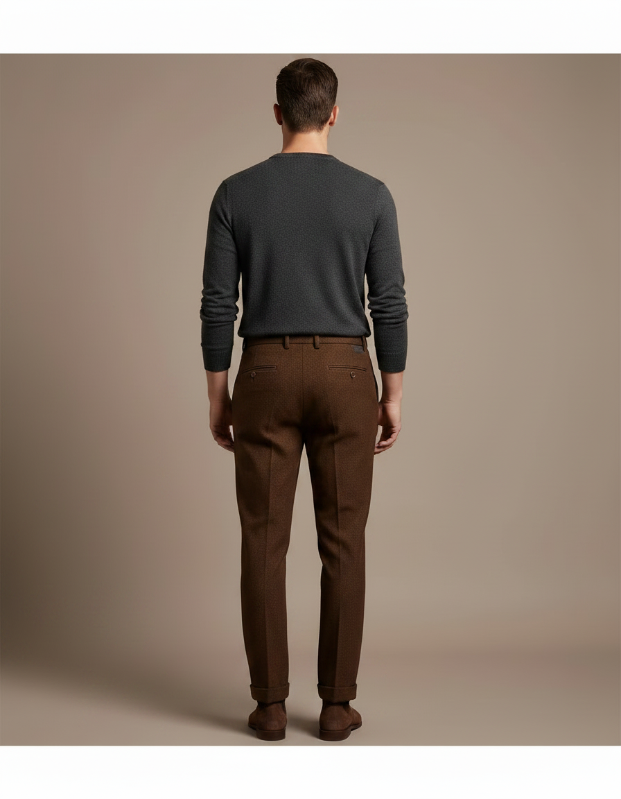 Pantalon Marron Laine Plissé Droit Formel Élégant Homme - Tweed - vue 2