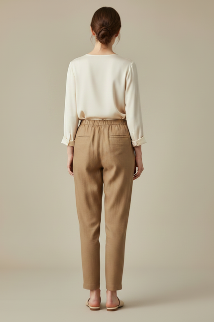 Pantalon Marron Fluide Taille Élastique Décontracté Élégant - Lin - vue 2