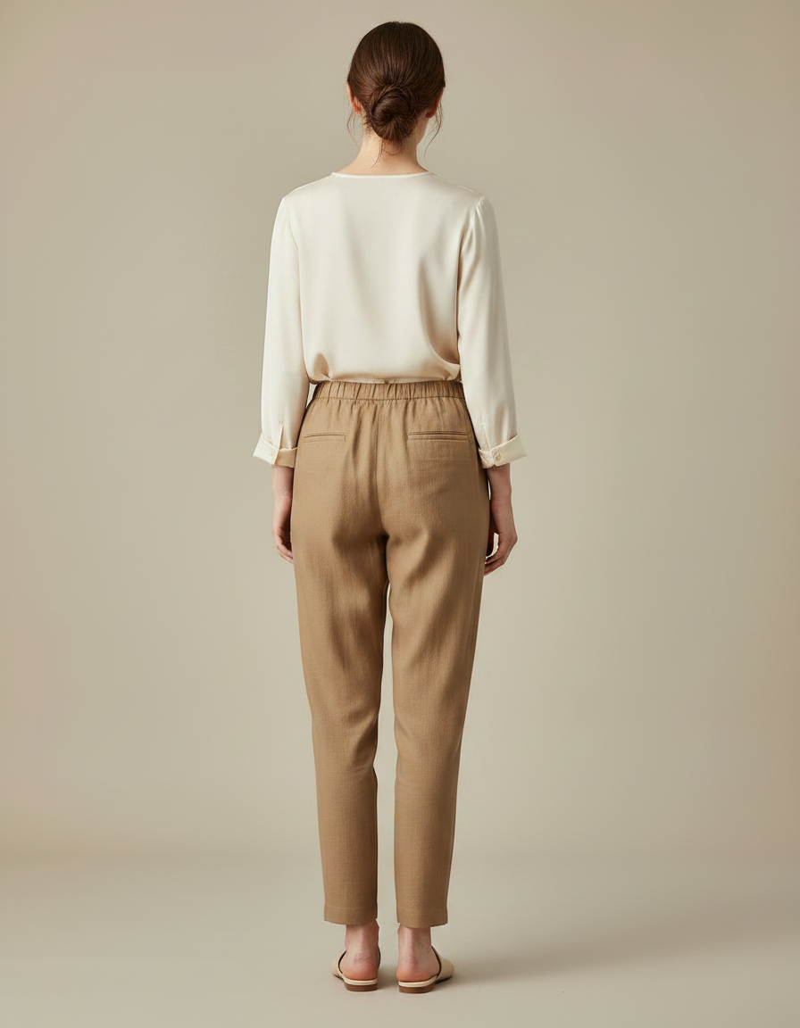 Pantalon Marron Fluide Taille Élastique Décontracté Élégant - Lin - vue 2
