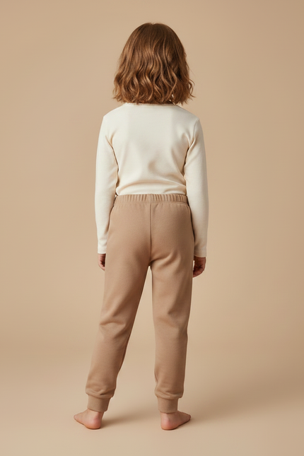 Pantalon Marron Enfant Doux Confortable Coton Basique - Camel Molleton - vue 2