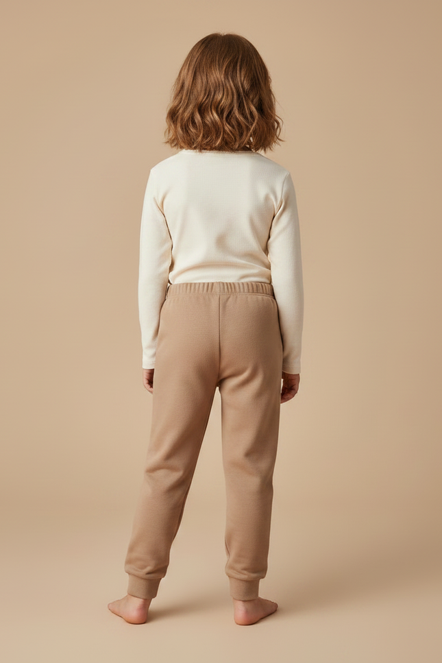 Pantalon Marron Enfant Doux Confortable Coton Basique - Camel Molleton - vue 2