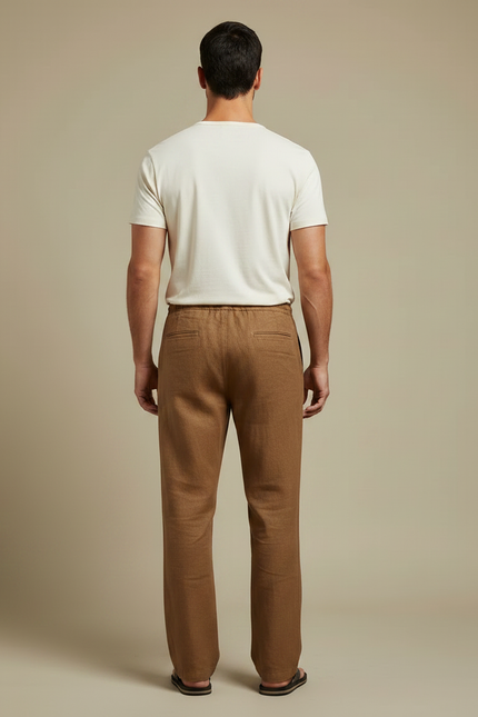 Pantalon Marron Lin Droit Décontracté Cordon Homme - vue 2