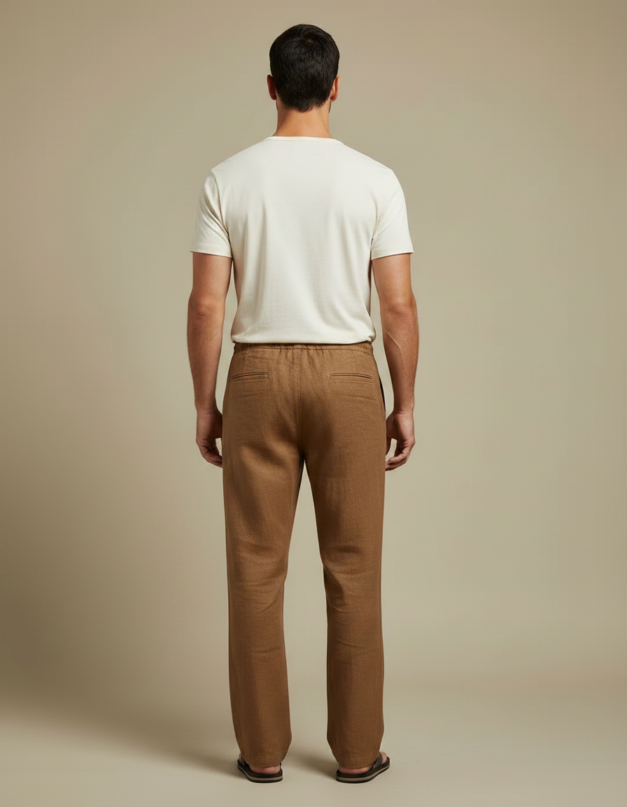 Pantalon Marron Lin Droit Décontracté Cordon Homme - vue 2