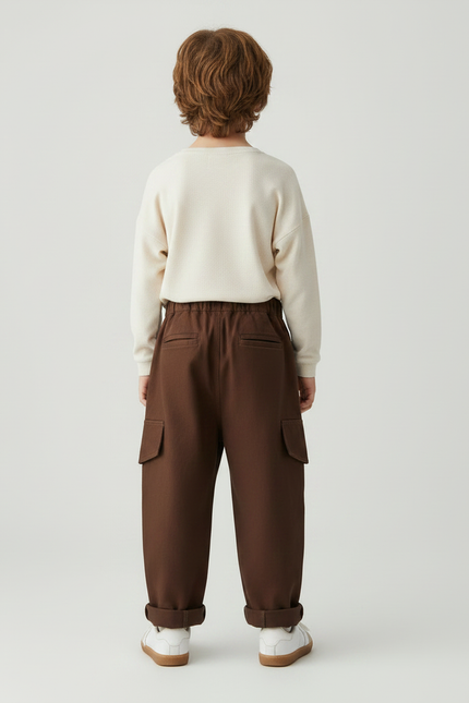 Pantalon Marron Cargo Coton Ample Garçon - Gabardine - vue 2