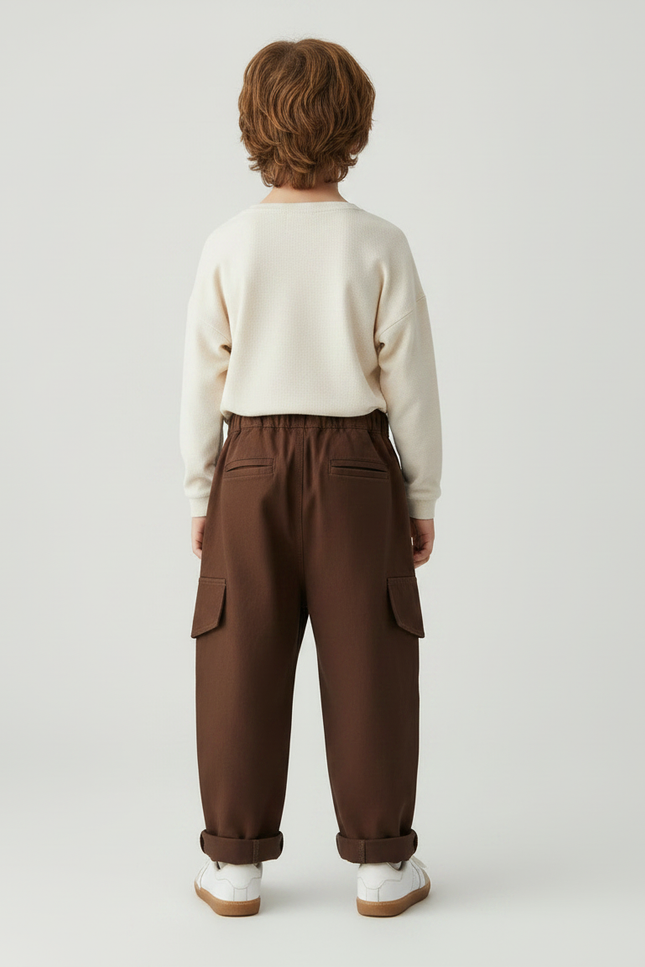 Pantalon Marron Cargo Coton Ample Garçon - Gabardine - vue 2