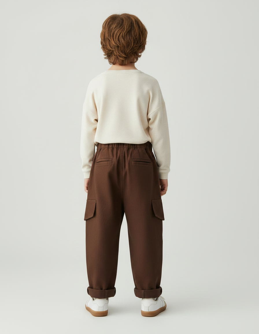 Pantalon Marron Cargo Coton Ample Garçon - Gabardine - vue 2