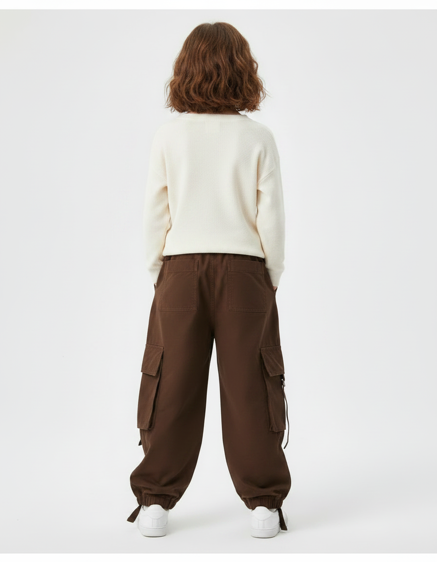 Pantalon Marron Cargo Ample Sportif Molletonné Enfant - vue 2